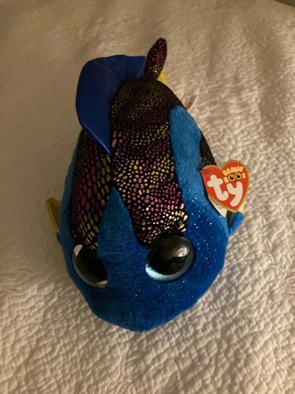Ty Blue Plush Tropical Fish with Yellow Accents and Iridescent Scales